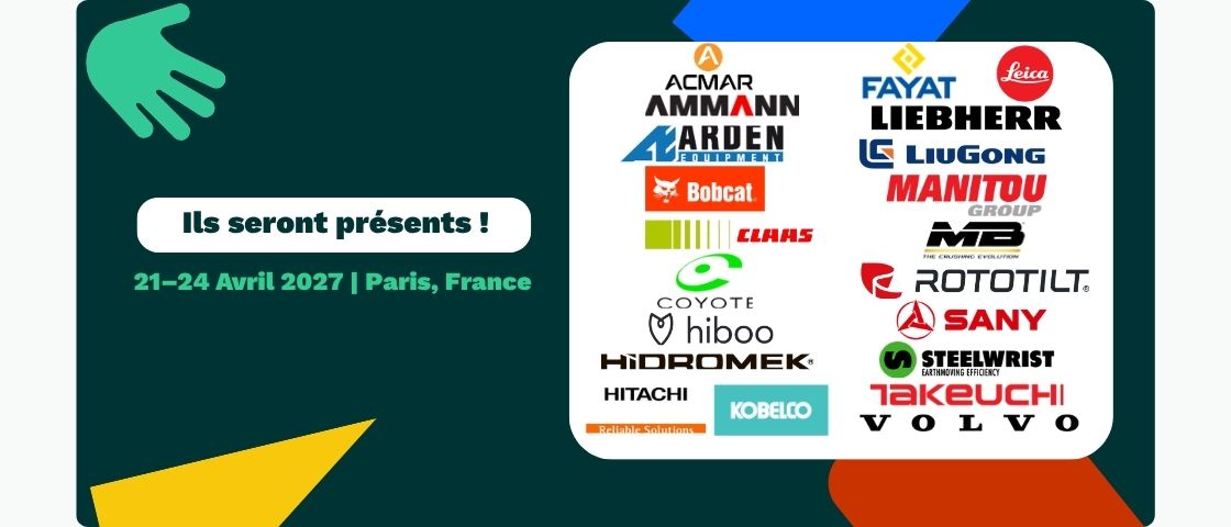 Visuel annonçant les exposants présents avec logos de marques du secteur BTP et construction, dates du 21 au 24 avril 2027 à Paris