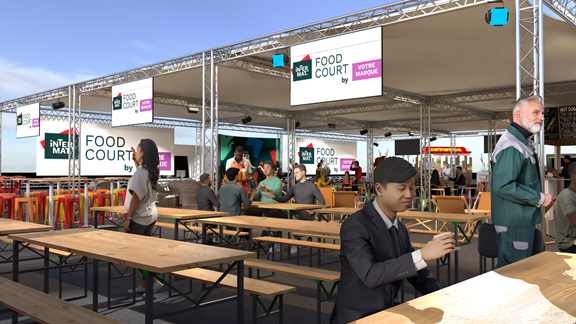 vue de l'interieur du foodcourt en journée avec des personnes dedans