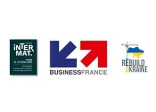 Bannière présentant les logo d'INTERMAT 2024, Business France, Rebuild Ukraine